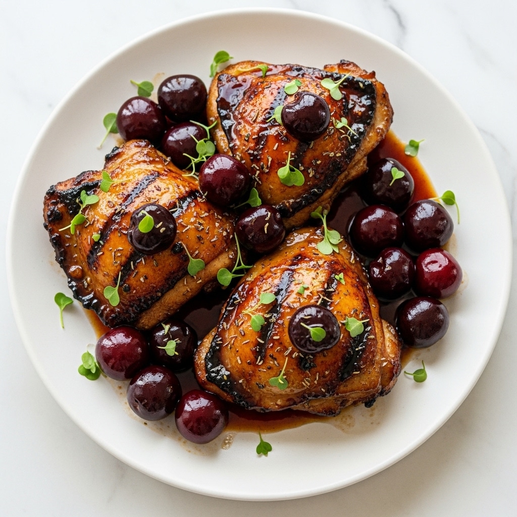 A white plate holds three golden-brown glazed chicken thighs covered with a shiny dark cherry sauce, topped with whole dark red cherries and sprinkled with fresh green herbs. The sauce pools slightly around the bottom of the chicken, giving a glossy and rich look, while the herbs add a fresh contrast of color. The plate sits on a white marbled textured surface, giving a clean and bright background to the dish. photo taken with an iphone --ar 4:5 --v 7