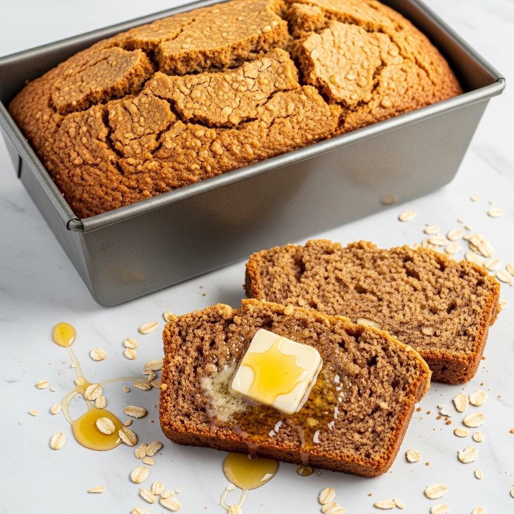 The image shows a loaf of honey-cinnamon oatmeal bread in a metal baking pan with a golden-brown cracked top crust. In front of the pan, there are two slices of the bread lying flat on a white marbled surface. The top slice has a melted square piece of butter on it, with some honey dripping around. Scattered oats and a drizzle of honey surround the slices, adding a cozy and warm feeling to the scene. photo taken with an iphone --ar 4:5 --v 7