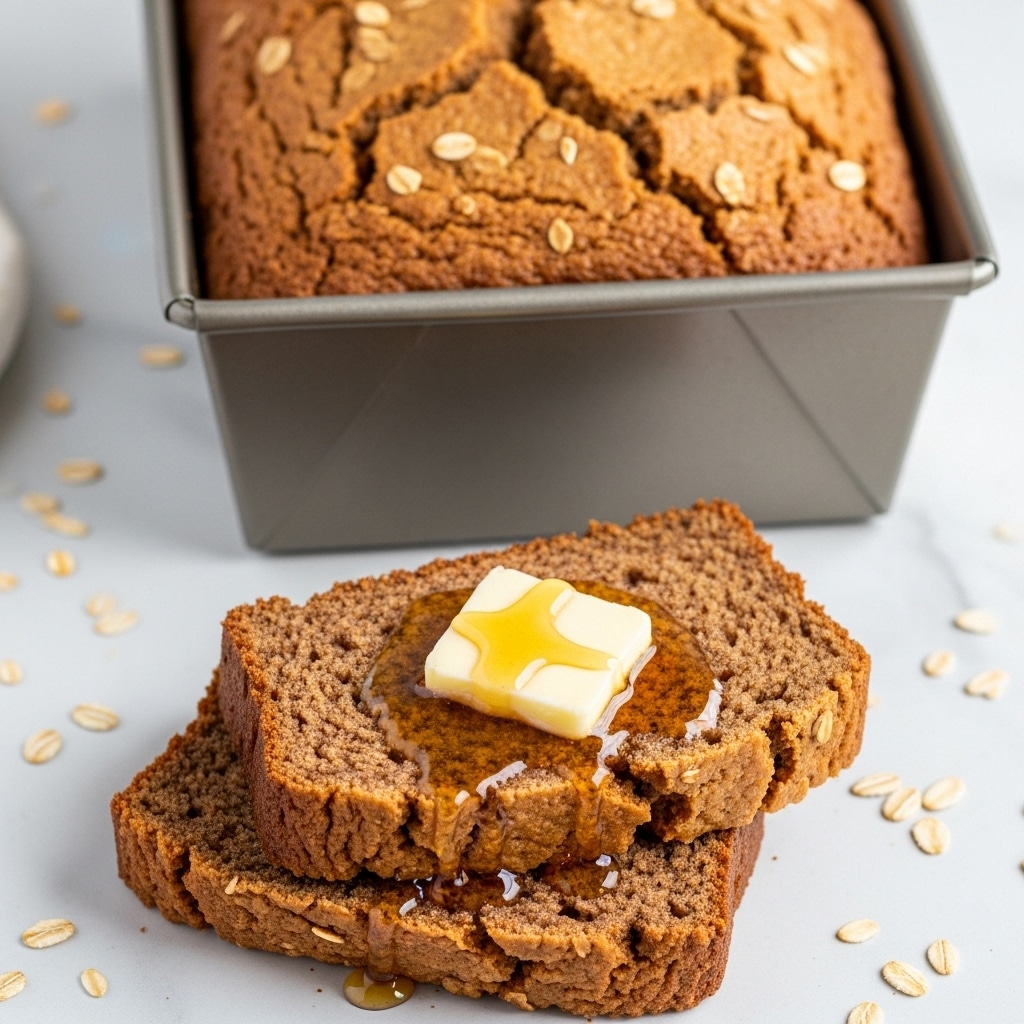 The image shows a loaf of honey-cinnamon oatmeal bread in a metal baking pan with a golden-brown cracked top. In front of the pan, there are two slices of the bread placed on a white marbled surface, with one slice stacked slightly behind the other. On the front slice, there is a square pat of melting butter sitting over a drizzle of honey, giving a glossy shine. Around the bread, a few scattered oat flakes add texture to the scene. photo taken with an iphone --ar 4:5 --v 7