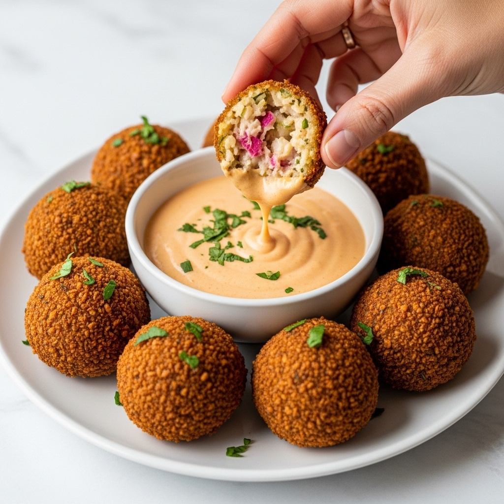 A white plate holds seven round, golden brown fried balls with a crunchy texture, sprinkled with small bits of green herbs. In the center of the plate is a white bowl filled with creamy light orange sauce, topped with tiny green herb pieces. A woman's hand is dipping one of the fried balls, revealing inside a mix of white and pink bits with a slightly moist texture, as the sauce drips back into the bowl. The plate sits on a white marbled surface. photo taken with an iphone --ar 4:5 --v 7