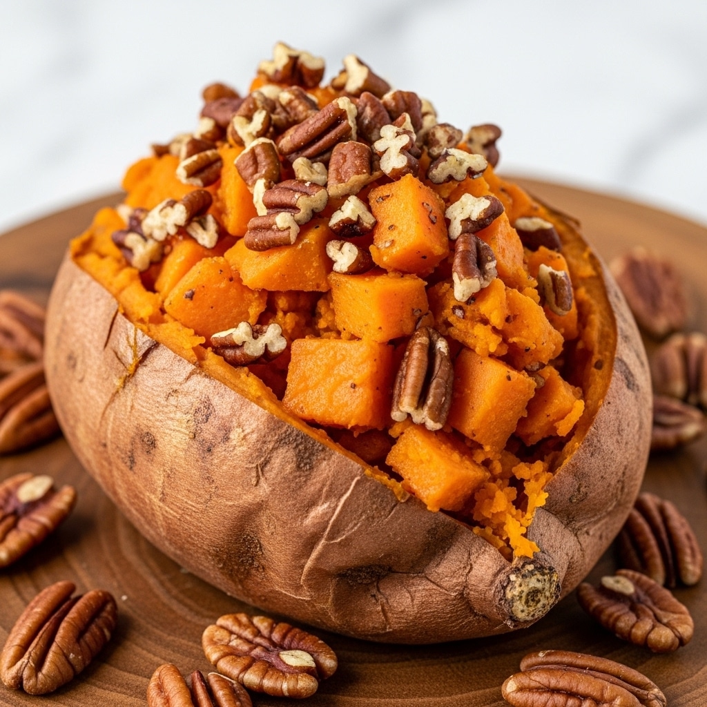 A baked sweet potato is cut in half and filled with a thick layer of diced cooked sweet potatoes mixed with chopped pecans on top. The sweet potato skin is a warm brown color and the inside is bright orange with a soft texture. The filling is piled high and looks chunky with glossy nut pieces scattered throughout. The dish is placed on a wooden board with scattered pecans around it. The background is a white marbled surface. Photo taken with an iphone --ar 4:5 --v 7