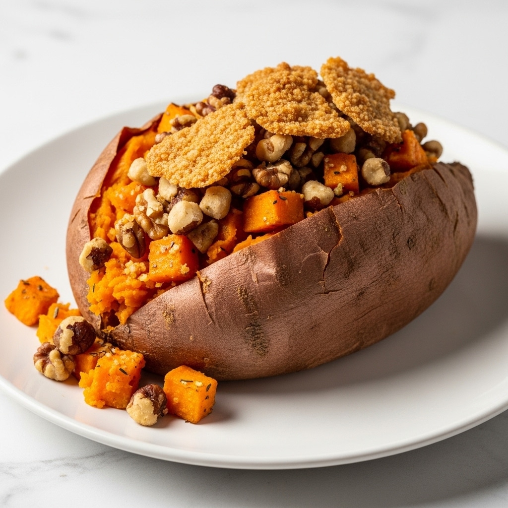 A baked sweet potato is cut open and filled with a chunky mixture of diced sweet potatoes and nuts, layered on top with a golden brown crispy topping. The sweet potato’s orange inside contrasts with the darker brown nuts and crispy pieces, sitting on a white plate placed on a white marbled surface. The textures range from soft and smooth sweet potato flesh to crunchy nuts and crisp topping, creating a visually rich, warm-colored dish. Photo taken with an iphone --ar 4:5 --v 7