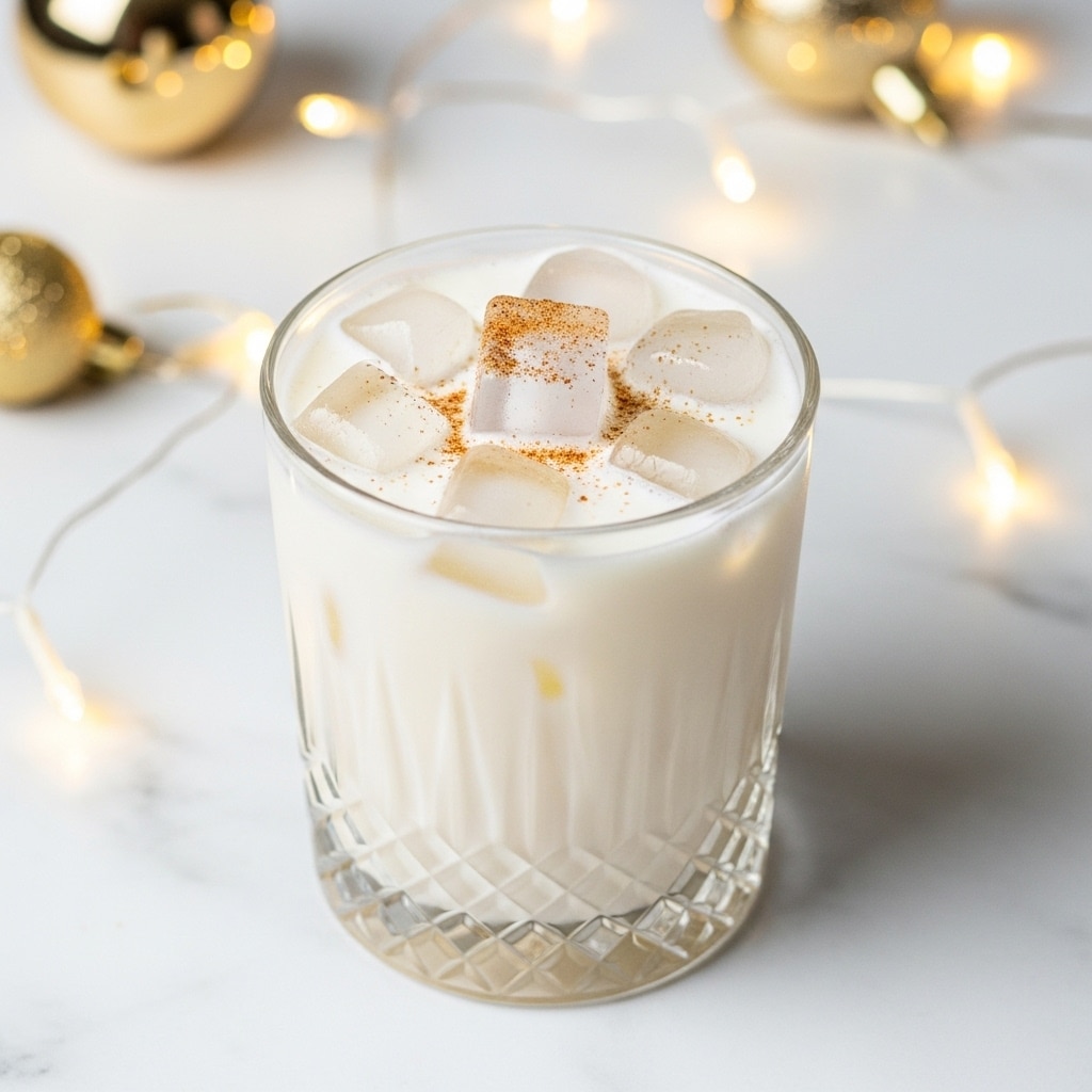 A clear glass filled with a creamy white drink topped with five clear ice cubes and a light dusting of brown spice, all placed on a white marbled surface with warm, soft fairy lights and blurred golden Christmas decorations in the background. The glass has a textured diamond pattern near the base, adding depth to the smooth and milky liquid inside. photo taken with an iphone --ar 4:5 --v 7