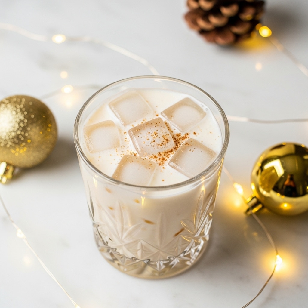 A clear glass with a cut crystal design holds a creamy off-white drink filled with five large ice cubes floating on top, sprinkled with a light dusting of brown spice, likely cinnamon or nutmeg. The glass sits on a white marbled surface decorated with warm, soft golden fairy lights, a gold Christmas bauble on each side, and a pinecone in the blurred background, giving a cozy, festive feel. photo taken with an iphone --ar 4:5 --v 7