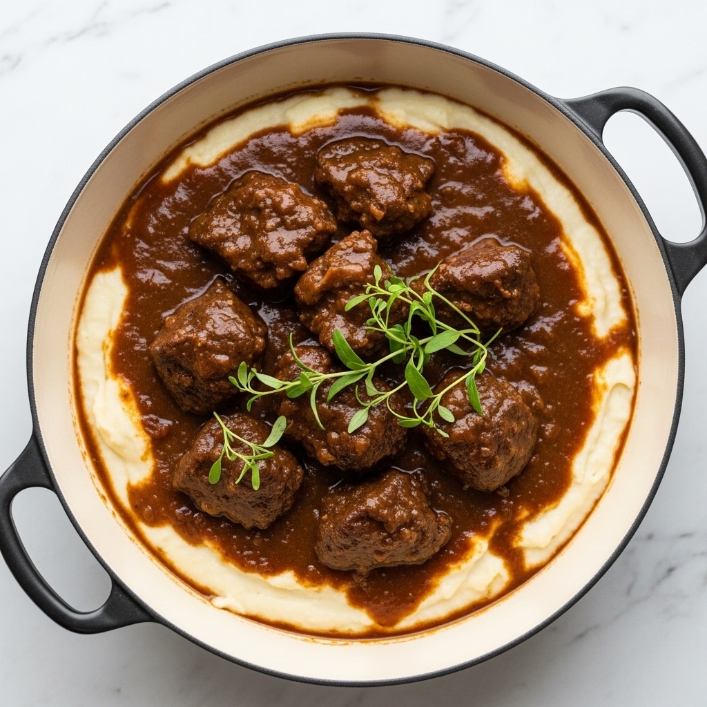 A white round pot with black handles holds a thick stew of dark brown beef chunks in a rich brown sauce, layered on top of a creamy white mashed potato base. The beef pieces are large and coated generously with sauce, with sprigs of green herbs placed on top for decoration. The pot sits on a white marbled surface. Photo taken with an iphone --ar 4:5 --v 7