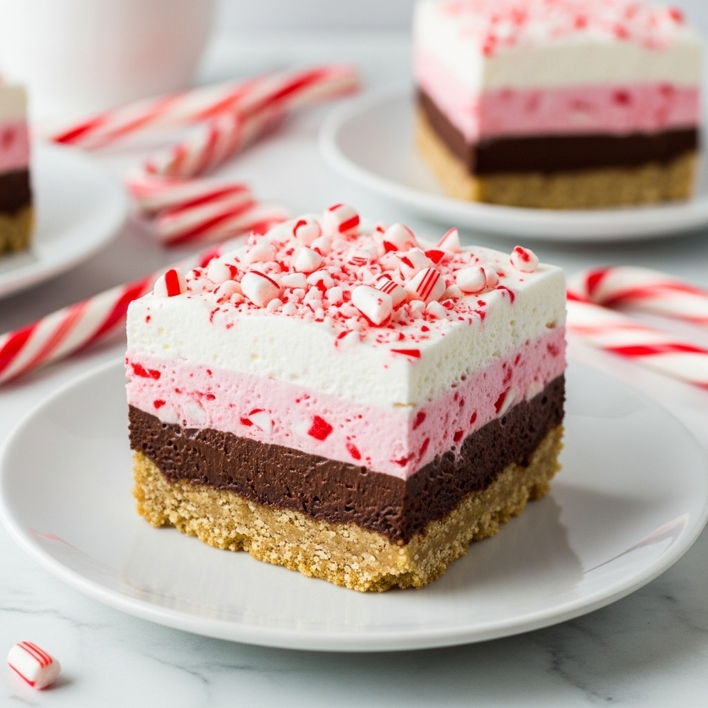 This image shows a square slice of layered dessert on a white plate placed on a white marbled surface. The bottom layer is a light brown, crumbly crust. Above it is a pink and white creamy layer with bits of crushed candy cane visible, followed by a thick dark chocolate layer. The top layer is white, fluffy whipped cream, decorated with large pieces of crushed red and white candy cane scattered on top. In the background, there is another slice of the same dessert on a white plate and several whole candy canes. Photo taken with an iphone --ar 4:5 --v 7