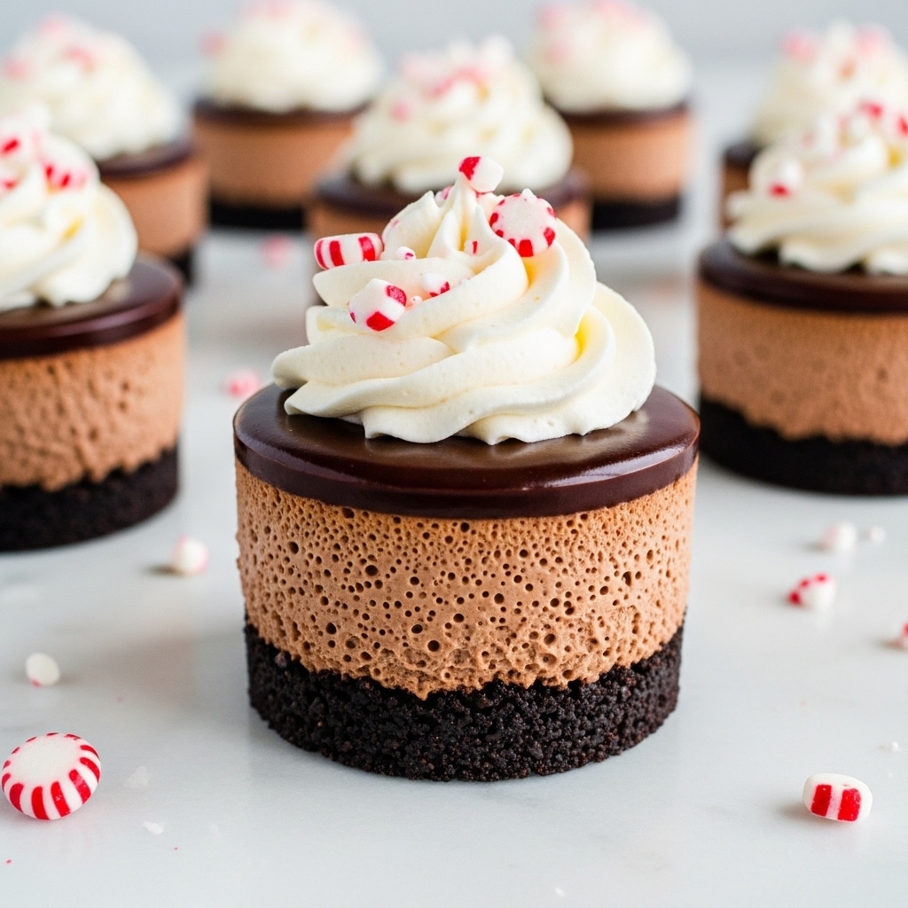 The image shows a small, round chocolate mousse dessert with three distinct layers on a white marbled surface. The bottom layer is a dark, crumbly chocolate crust with a rough texture. Above this is a thick, fluffy milk chocolate mousse layer with tiny air holes creating a light, soft look. On top of the mousse sits a smooth, glossy layer of dark chocolate ganache, shiny and rich. The dessert is finished with a swirl of white whipped cream, piped high and decorated with small red and white peppermint candy pieces scattered on the cream and around the dessert. Multiple similar desserts are visible in the softly focused background. photo taken with an iphone --ar 4:5 --v 7