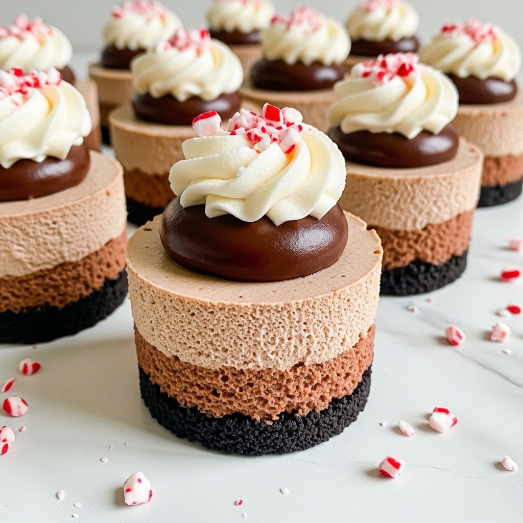 The image shows a small round chocolate mousse cake with three clear layers: a dark crumbly chocolate cookie base at the bottom, a thick middle layer of light brown, airy chocolate mousse with a textured surface, and a smooth glossy dark chocolate ganache dollop on top. Sitting on the ganache is a swirl of white whipped cream adorned with small red peppermint candy pieces, which are also scattered around the white marbled surface. The cakes are arranged in a neat group, and the soft lighting highlights their creamy and rich textures. Photo taken with an iphone --ar 4:5 --v 7