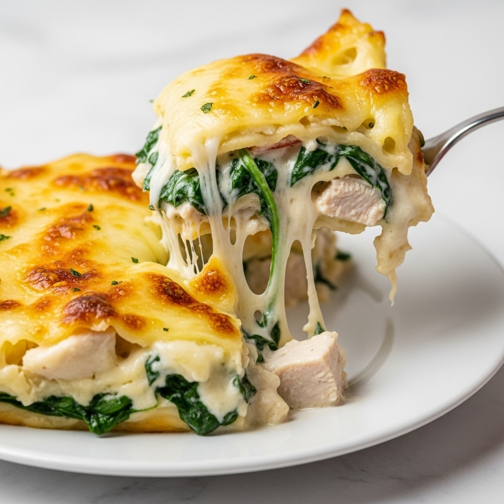 A close-up of a creamy spinach and chicken lasagna slice being lifted from a white plate with a fork. The dish has visible layers that include browned, melted cheese on top with golden spots, then a creamy white sauce with melted cheese, dark green spinach leaves, and pieces of tender white chicken. The cheese appears gooey and stretchy, pulling strands as the slice is lifted. The plate sits on a white marbled surface, adding a clean background to the rich and cheesy lasagna. photo taken with an iphone --ar 4:5 --v 7