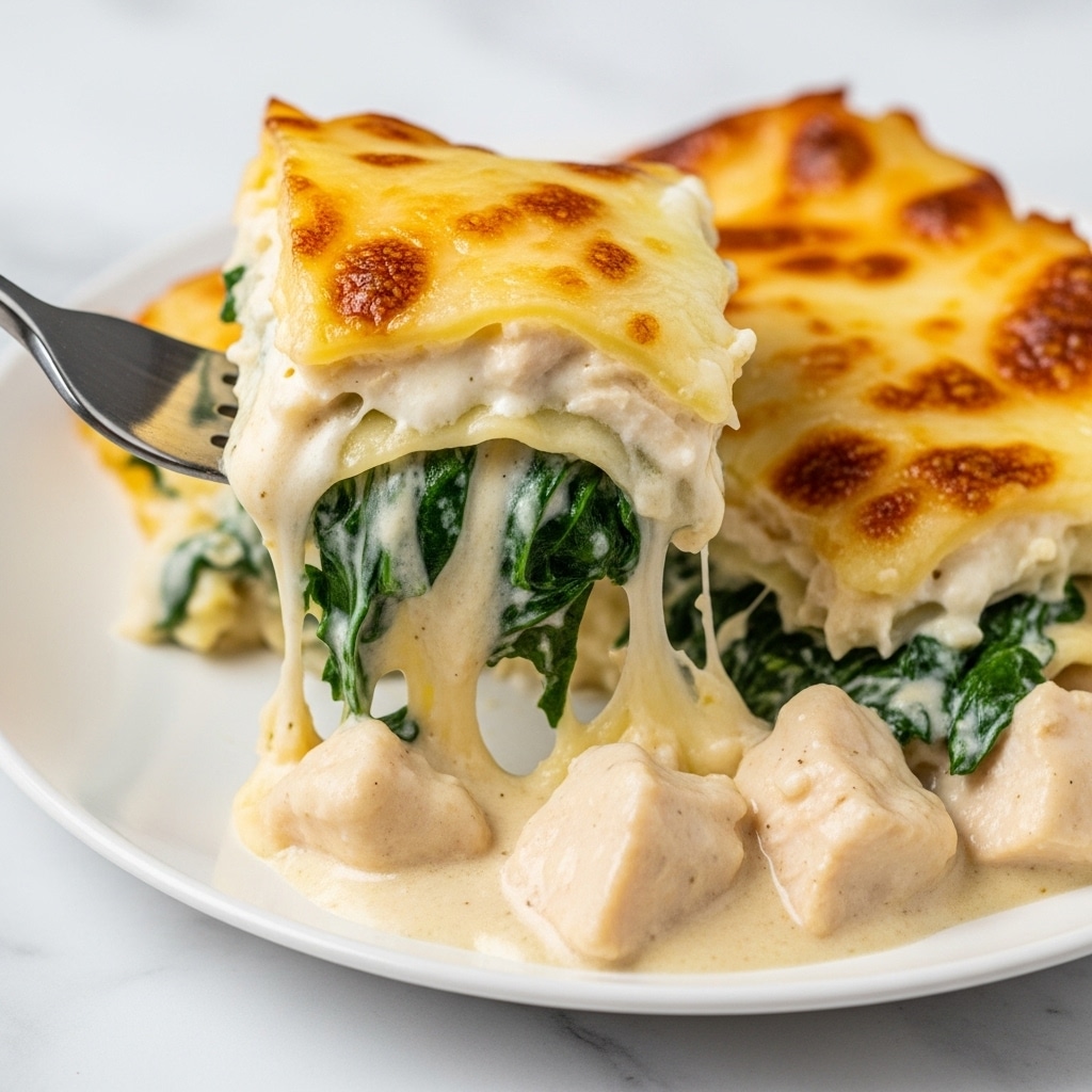The image shows a close-up of a creamy spinach and chicken lasagna piece lifted from a white plate with a silver fork. The dish has several layers: a melted golden brown cheese top layer with browned spots, a creamy white sauce layer beneath, green cooked spinach leaves spread unevenly inside, and chunks of white chicken mixed in a rich, smooth sauce at the bottom. The cheese stretches slightly as the fork lifts the piece, showing gooey texture and melted cheese strands. The plate rests on a white marbled surface. photo taken with an iphone --ar 4:5 --v 7