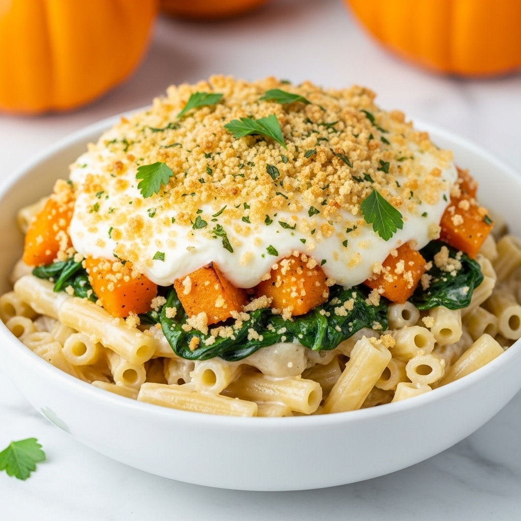 A white bowl filled with creamy macaroni pasta at the bottom, light beige in color and tubular shape, layered with soft orange cubes of roasted pumpkin and dark green leafy spinach scattered through the pasta. On top, a thick layer of melted white cheese coats the ingredients, covered by a golden brown crispy crust of toasted breadcrumbs and herbs, sprinkled with small green parsley leaves for garnish. The bowl sits on a white marbled surface with blurred orange pumpkins in the background. Photo taken with an iphone --ar 4:5 --v 7