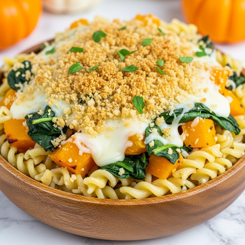 A wooden bowl filled with a pasta bake dish is shown, starting with a bottom layer of pale beige twisted pasta, followed by pieces of bright orange squash and green spinach leaves scattered throughout. On top, there is a melted creamy white cheese layer that covers the pasta and vegetables, topped with a golden brown, crispy breadcrumb crust. Small bits of green parsley are sprinkled on the crispy top, adding fresh color contrast. The bowl is placed on a white marbled surface with blurred small orange pumpkins in the background. Photo taken with an iphone --ar 4:5 --v 7