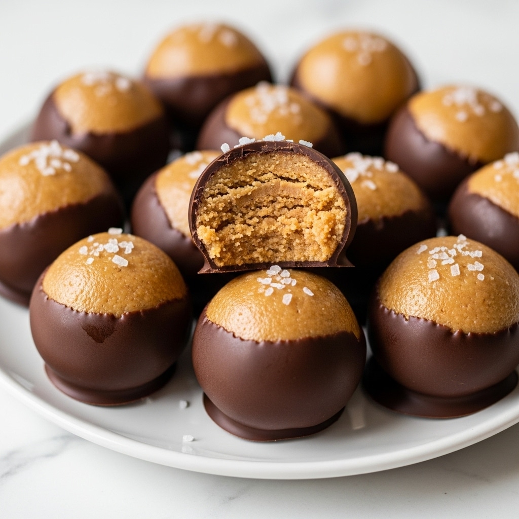 A group of round peanut butter balls, each dipped halfway in smooth dark chocolate creating a clear two-tone effect, sits on a white plate over a white marbled surface. The peanut butter part is light brown with a slightly grainy texture, and the chocolate is deep brown and glossy. One ball is placed on top, bitten in half showing a dense, slightly crumbly peanut butter inside. Small flakes of white sea salt are scattered on the peanut butter part of each ball, adding a touch of sparkle. photo taken with an iphone --ar 4:5 --v 7