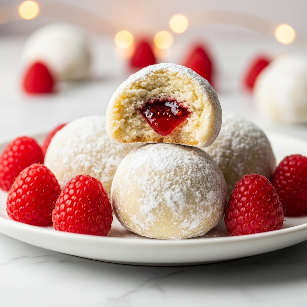 The image shows a white plate with three round powdered sugar-coated dough balls stacked, with one on top broken in half to reveal a soft, light beige dough outside and a bright red raspberry jam filling inside. The dough balls have a rough texture from the powdered sugar dusting. Fresh whole raspberries, rich red and textured with tiny seeds, are placed around the dough balls on the plate. The background is blurred with warm amber light spots, and the plate rests on a white marbled texture. photo taken with an iphone --ar 4:5 --v 7
