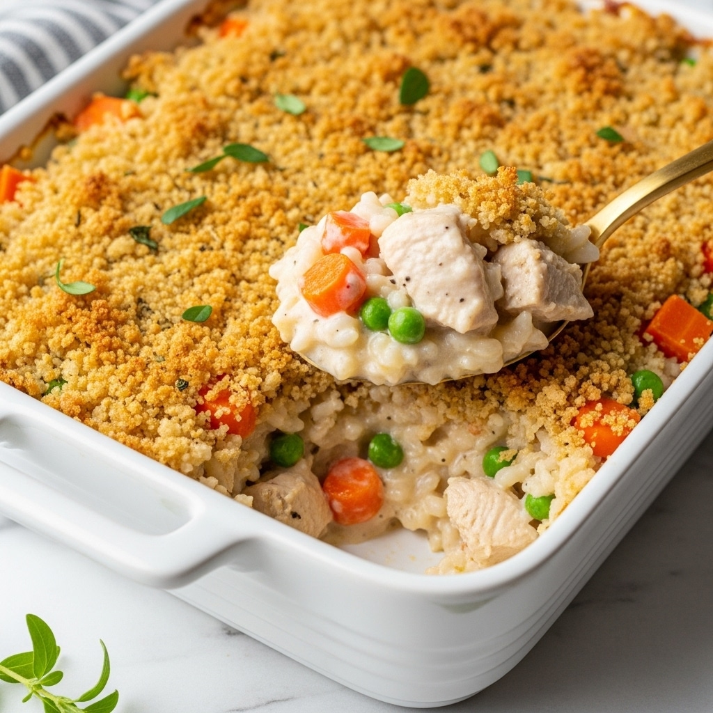 A close-up view of a white rectangular casserole dish filled with a creamy rice and chicken bake. The dish shows a crispy, golden-brown breadcrumb topping with small green herb leaves scattered on top. Underneath the topping, there are visible layers of creamy rice mixed with wild rice grains, chunks of tender white chicken, and small pieces of orange carrot and green peas. A gold spoon scoops out a portion from the dish, showing the moist, thick texture of the creamy rice and chicken filling beneath the crunchy crust. The dish is placed on a white marbled surface with some green herb garnish around the bottom right corner. Photo taken with an iphone --ar 4:5 --v 7
