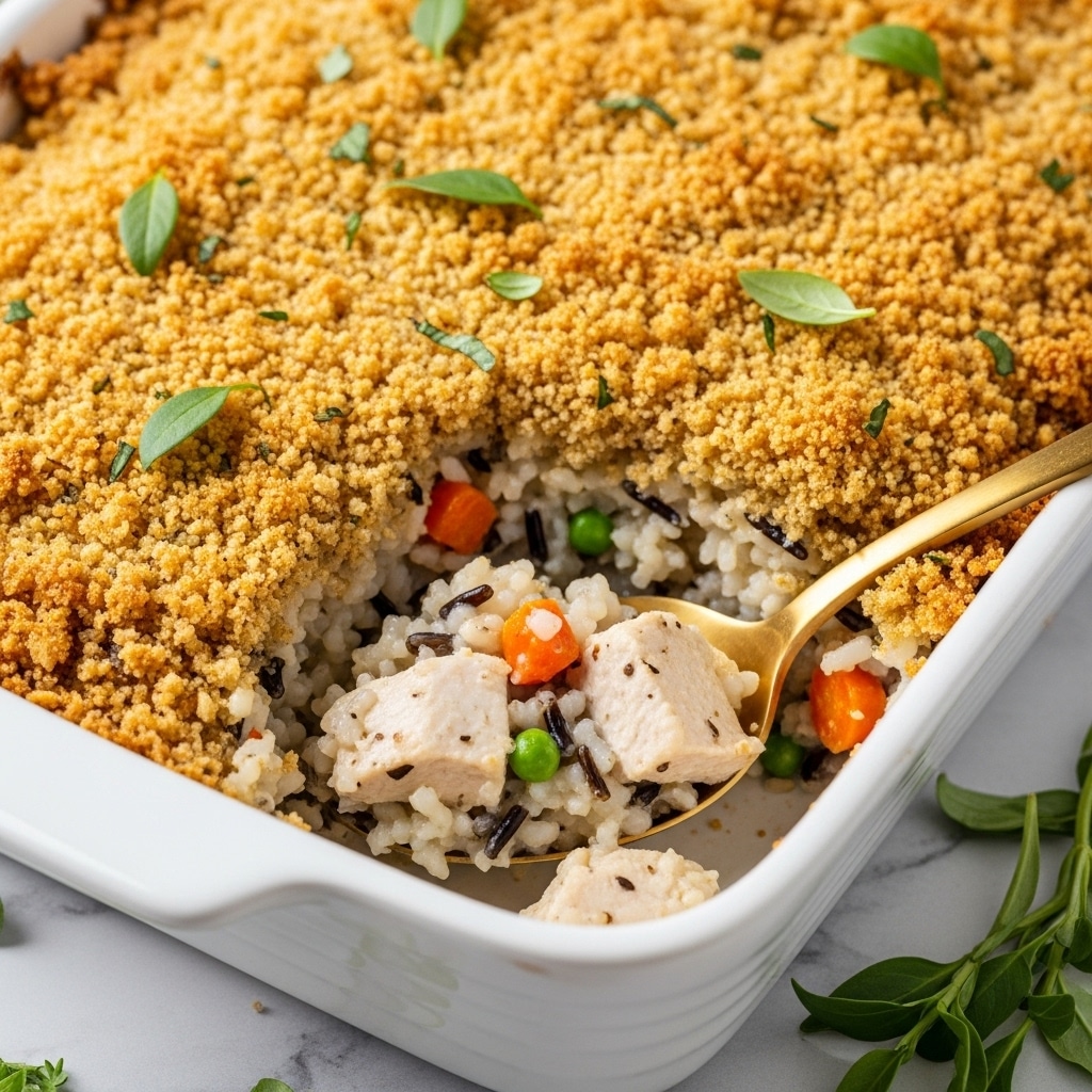 A white rectangular dish filled with a creamy casserole showing a mix of rice, pieces of chicken, diced orange carrots, and green peas. The top layer is golden brown and crispy, made of toasted breadcrumbs, and is sprinkled with small green herb leaves. A gold spoon lifts a scoop from the dish, showing the thick, creamy inside with the visible grains of rice and chunks of chicken. The dish sits on a white marbled surface with a small sprig of green herb nearby. photo taken with an iphone --ar 4:5 --v 7