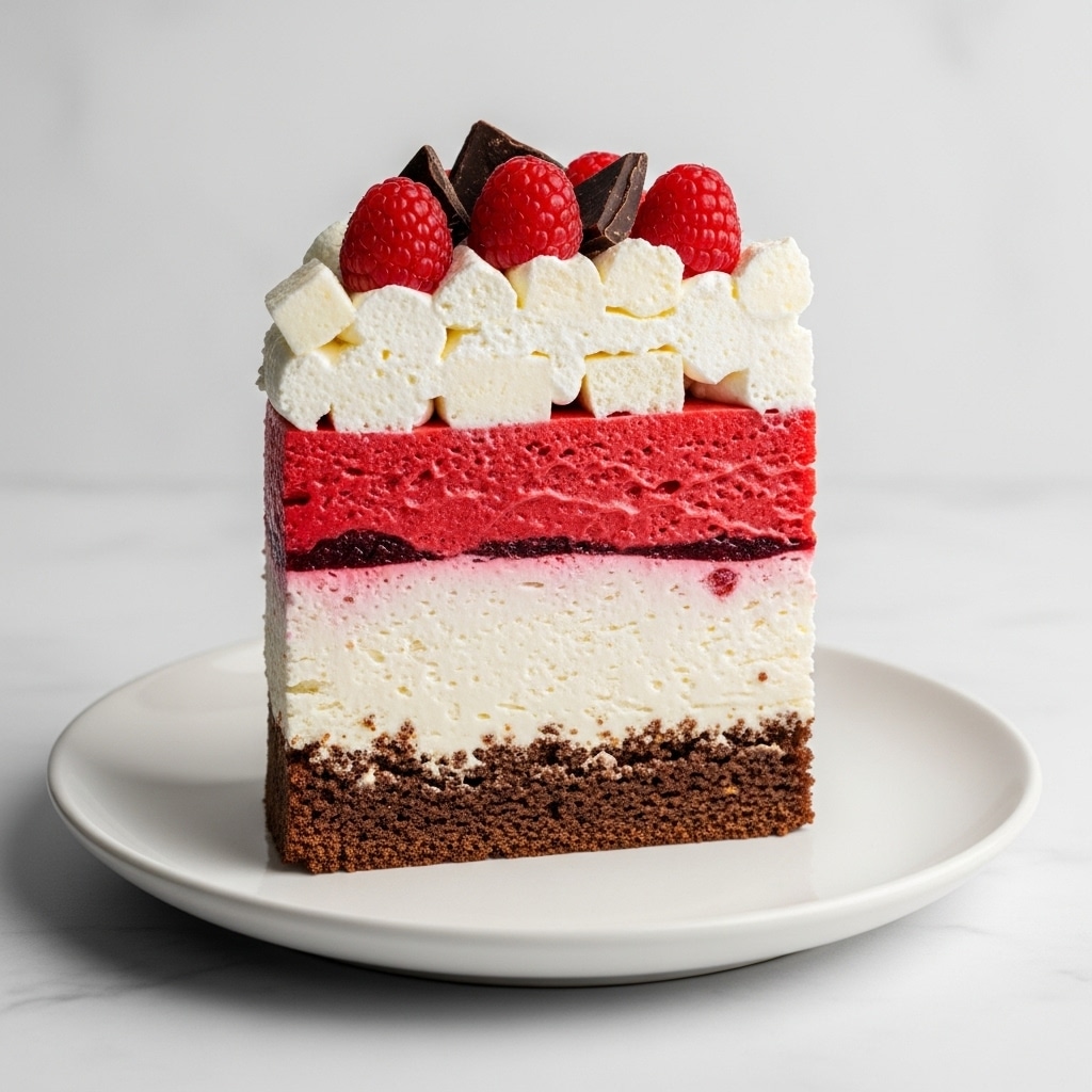 The image shows a tall slice of layered cake on a white plate. From bottom to top, there is a dark brown crumbly layer, followed by a thick white creamy layer. Above the creamy layer is a bright red layer with a slightly textured look, topped again by a white fluffy cream layer with small chunks. The top of the cake slice is decorated with fresh red raspberries and dark chocolate pieces. The white plate sits on a white marbled surface. Photo taken with an iphone --ar 4:5 --v 7