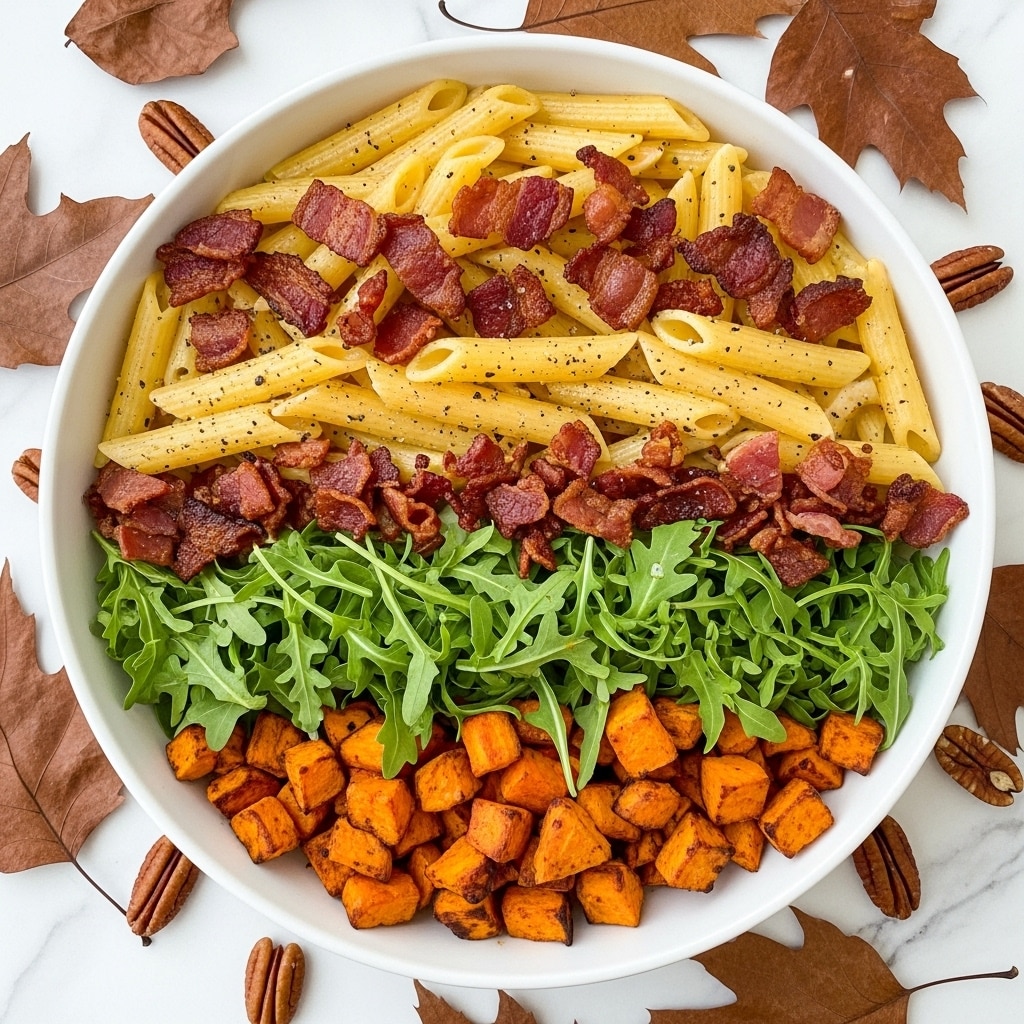 A white bowl holds a dish with three main layers: the bottom is fresh green arugula leaves, the middle layer is golden-brown cooked penne pasta, and the top layer has bright orange roasted sweet potato cubes mixed with small pieces of crispy, browned bacon. The dish is sprinkled with coarse black pepper. The bowl is placed on a white marbled surface with some brown autumn leaves and a few pecan nuts scattered nearby. photo taken with an iphone --ar 4:5 --v 7