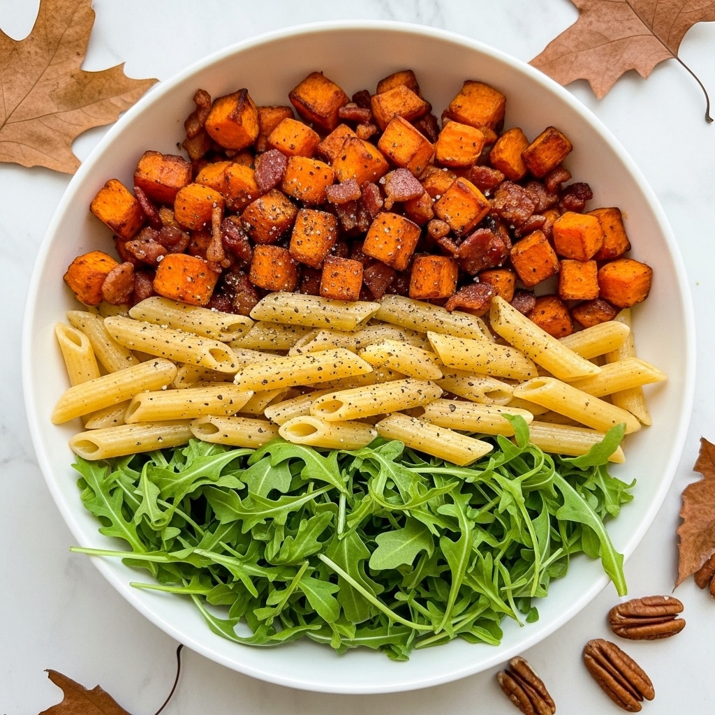 A white bowl filled with three main layers: the bottom layer is a mix of orange roasted sweet potato cubes and green leafy arugula spread evenly. Above that, there are golden yellow penne pasta pieces coated lightly in oil, scattered throughout. On top, pieces of crispy, dark brown bacon bits are sprinkled, with small black pepper flakes visible over the entire dish. The bowl sits on a white marbled surface decorated with brown dry leaves and pecans around it, giving an autumn feel. Photo taken with an iphone --ar 4:5 --v 7