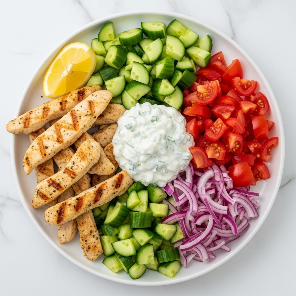 The image shows a white plate with a colorful salad arranged in layers. On one side, there are grilled chicken strips with a light golden brown color and grill marks. Next to the chicken is a mix of finely chopped cucumber, pinkish-red diced onions, and bright red chopped tomatoes. In the center of the plate, there is a dollop of creamy white tzatziki sauce with visible bits of herbs. A small wedge of yellow lemon is placed at the edge of the plate. The white marbled background adds a clean, fresh look to the image. Photo taken with an iphone --ar 4:5 --v 7