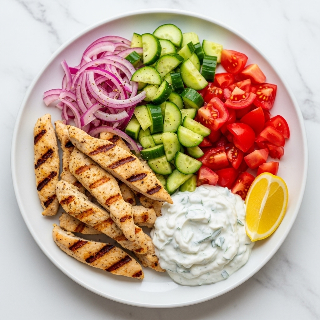 The image shows a white plate with a colorful Greek salad and grilled chicken. The bottom layer of the plate is fresh chopped cucumbers on the left, finely chopped red onions next to it, and bright red cherry tomatoes on the right side. In the center, there is a thick dollop of white, creamy tzatziki sauce with green herb pieces. On the bottom half of the plate, there are several slices of grilled chicken breast with visible grill marks, light brown with some darker lines. A lemon wedge is placed at the edge of the plate near the chicken. The plate is placed on a white marbled surface. photo taken with an iphone --ar 4:5 --v 7