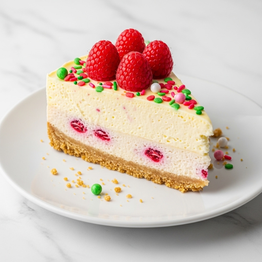 A slice of creamy cheesecake with two layers sits on a white plate on a white marbled surface. The bottom layer is a thin, crumbly light brown crust. The top layer is thick, smooth, and pale yellow cream with small red specks inside. The top of the cheesecake is decorated with small round red, green, and pink sprinkles and three fresh raspberries placed in the center. Some crumbs and sprinkles are scattered around the plate. Photo taken with an iphone --ar 4:5 --v 7