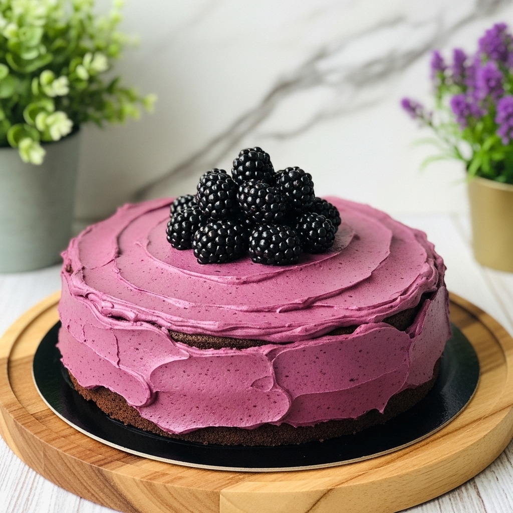 A round, single-layer chocolate cake with a thick, smooth dark purple frosting covering the top and sides, sitting on a black cake board placed on a wooden circular platter. On top of the cake, there is a pile of shiny blackberries, dark purple and black in color, arranged in the center. The cake surface is glossy, with slight texture from the frosting. The background is blurred with green leaves and purple flowers in a pot, and the whole setup is on a wooden surface with a white marbled texture added in place of the original background. photo taken with an iphone --ar 4:5 --v 7