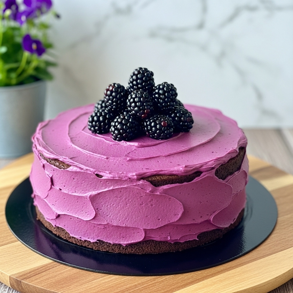 A round chocolate cake with two visible layers sits on a thin black cake board placed on a wooden round board. The bottom layer is dark brown and appears moist, while the top layer is covered with smooth, dark purple chocolate frosting. On top of the cake, there is a heap of shiny blackberries, adding texture and a fresh look. The cake edges show some crumbs clinging to the frosting, and the overall scene is set against a blurred background with green leaves and pink flowers, with the surface beneath the cake changed to a white marbled texture. photo taken with an iphone --ar 4:5 --v 7