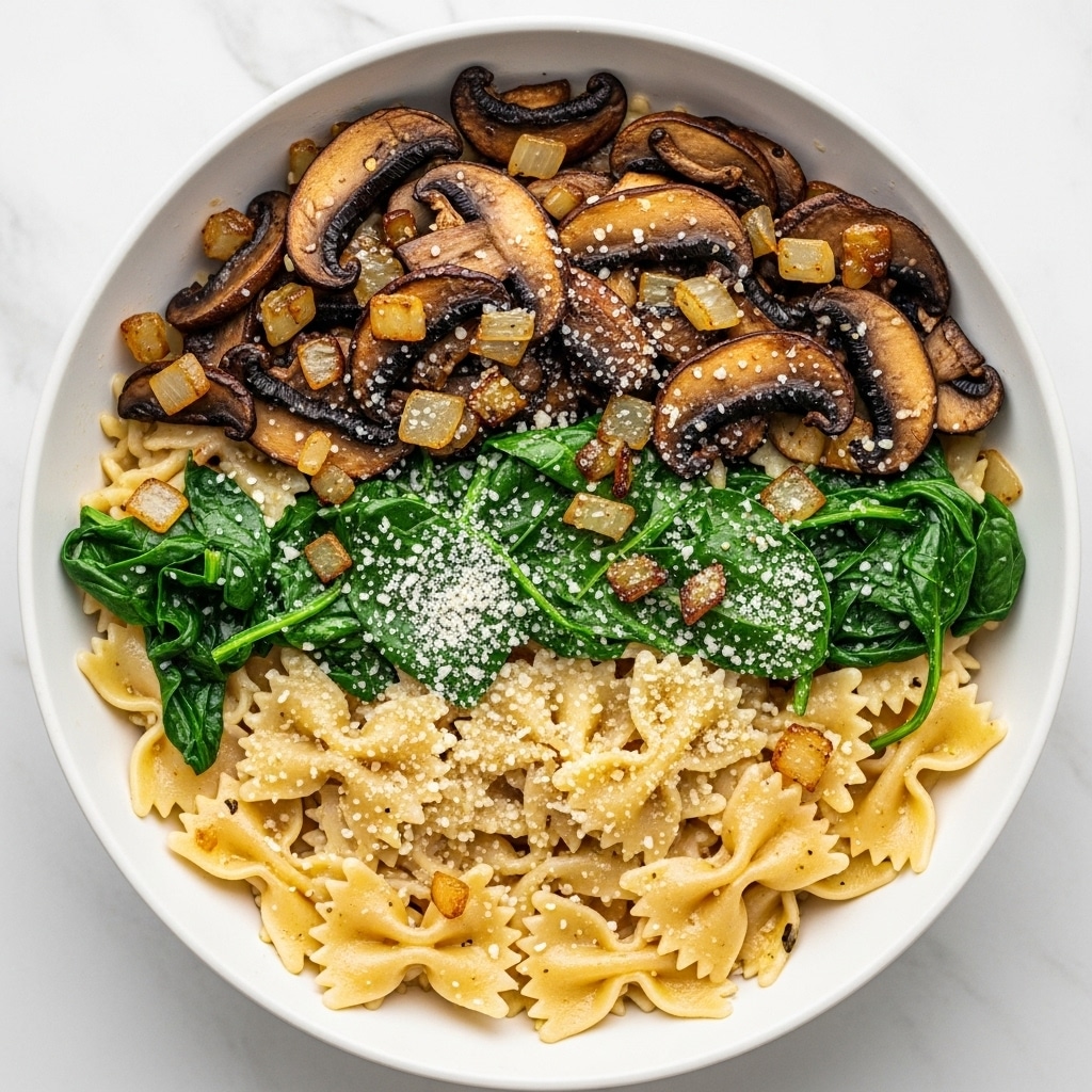 A white bowl holds a dish with three main layers: the bottom layer is light brown farfalle pasta with a soft texture, the middle layer is bright green spinach leaves, and the top layer has dark brown, sliced sautéed mushrooms with a glossy finish. Small pieces of golden-brown cooked onions are scattered throughout, and a light sprinkle of grated cheese covers the dish, adding a fine white texture on top. The bowl is set against a white marbled surface. photo taken with an iphone --ar 4:5 --v 7