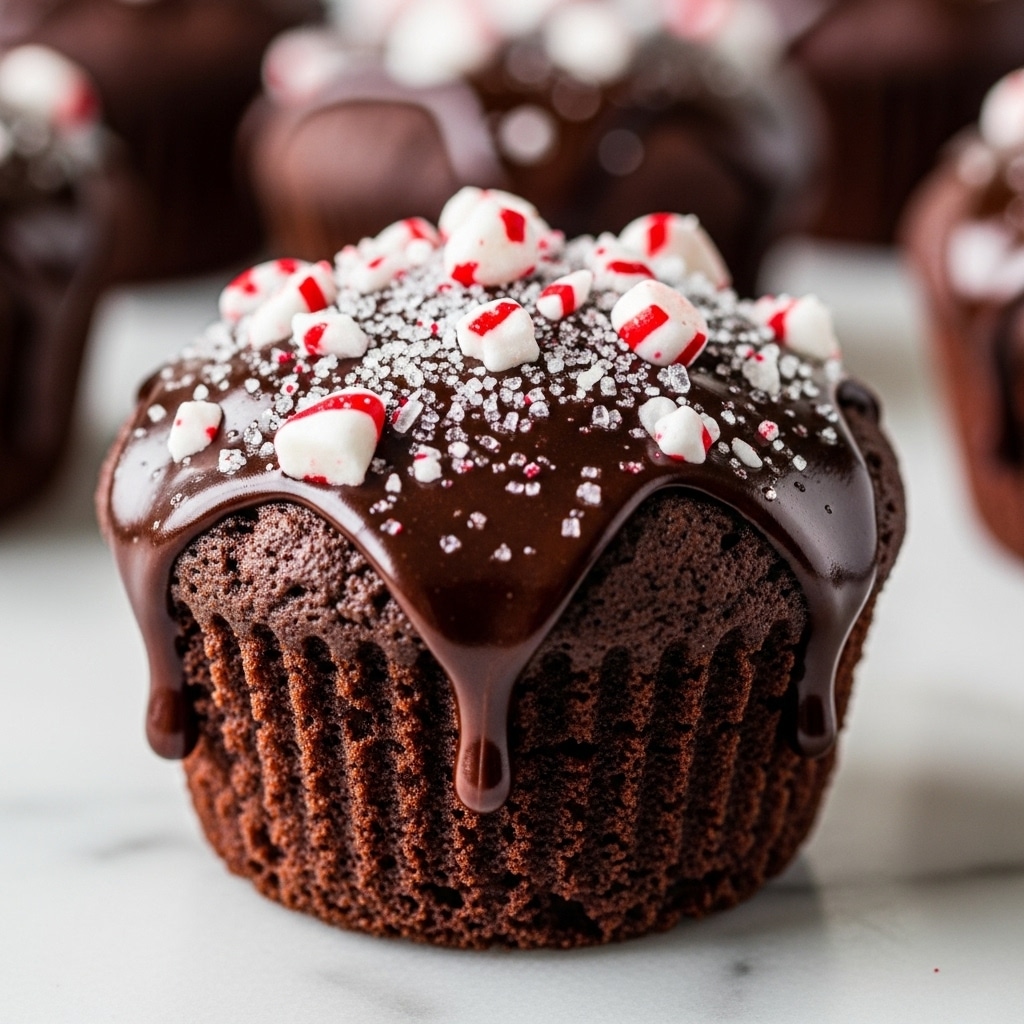 A close-up of a chocolate muffin with a dark brown, textured base as the first layer. The top layer is covered in glossy, thick chocolate sauce that drips slightly down the muffin’s sides. On the very top, there are small pieces of white and red striped peppermint candy scattered unevenly. The background shows more muffins blurred out on a white marbled surface. Photo taken with an iphone --ar 4:5 --v 7
