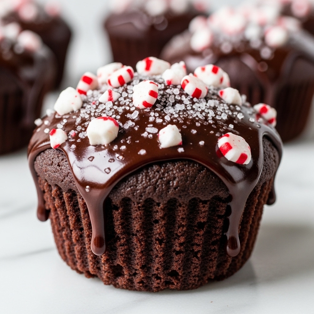A close-up of a single chocolate muffin with a dark brown, textured base layer that looks soft and moist. On top, a thick layer of shiny, melted dark chocolate sauce drips down the sides. The top is sprinkled generously with small, white and red peppermint candy pieces and a light dusting of coarse sugar crystals. The muffin sits on a white marbled surface, with blurred chocolate muffins in the background. photo taken with an iphone --ar 4:5 --v 7