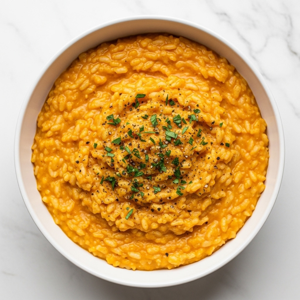 A round white ceramic bowl filled with creamy orange risotto, showing a thick and smooth texture with visible bits of soft rice. On top, there is a sprinkling of finely chopped green herbs and small black pepper flakes, adding contrast. The risotto looks warm and well-mixed, with some light reflections showing its moist and rich consistency. The bowl is placed on a white marbled surface, creating a clean and bright background. Photo taken with an iphone --ar 4:5 --v 7