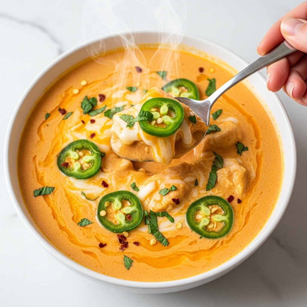 The image shows a thick, creamy orange soup with visible chunks of chicken and melted cheese swirling throughout. Bright green slices of jalapeño peppers float on the surface, mixed with small flecks of red pepper and green herbs. The soup is served in a white bowl, placed on a white marbled texture, with a woman's hand holding a spoon that lifts a cheese-soaked piece of chicken topped with herbs and jalapeño slices. Steam gently rises from the hot soup, enhancing the fresh and rich look. photo taken with an iphone --ar 4:5 --v 7