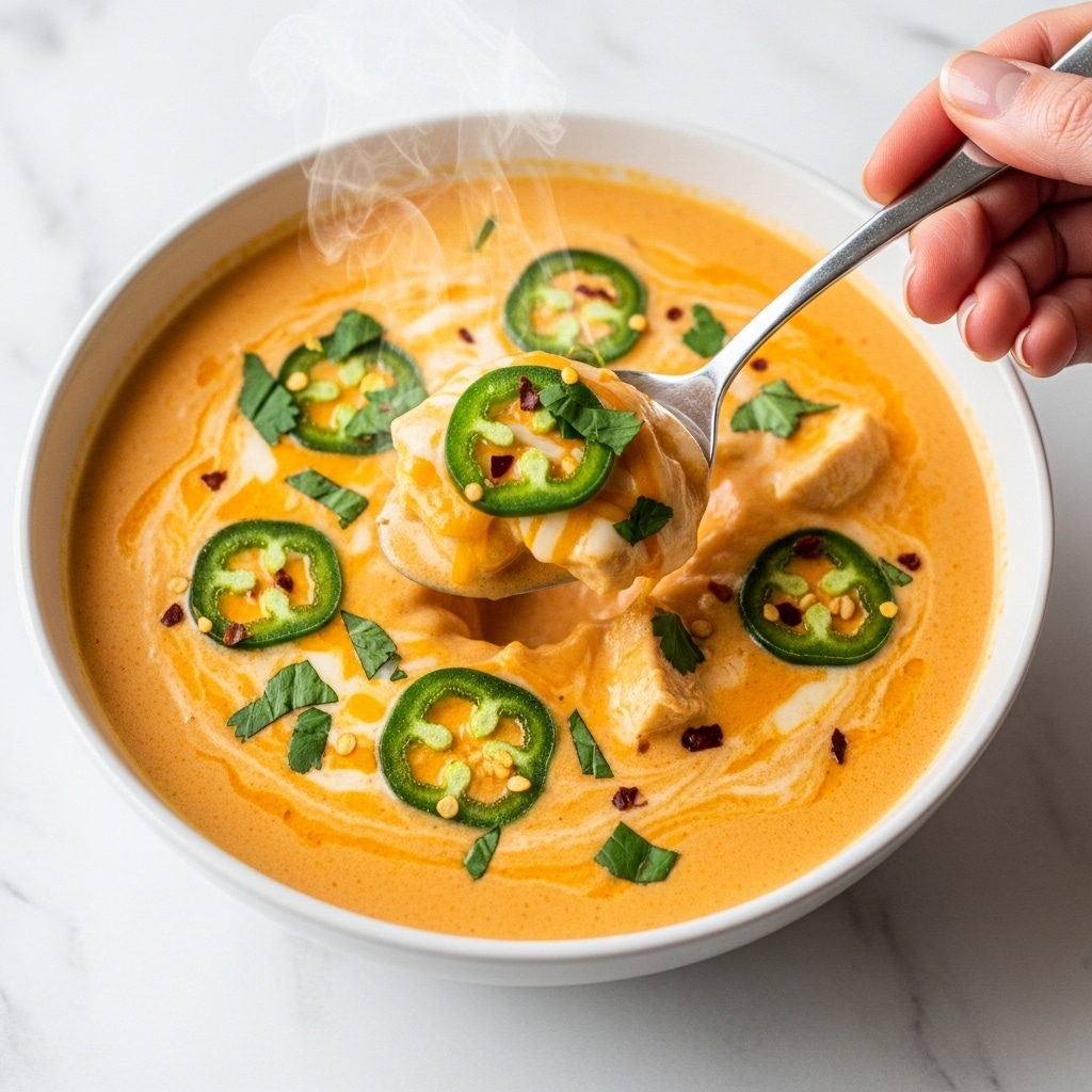 The image shows a close-up of a creamy orange-yellow soup with visible chunks of chicken, melted cheese, and small pieces of red peppers. On the spoon, a gooey layer of melted cheese stretches slightly, mixed with chicken and bits of green jalapeño. Thin slices of fresh green jalapeño and chopped cilantro float on the surface, adding a fresh contrast. The soup has a thick, smooth texture with small bits of chopped onions and herbs visible throughout. The background surface has a white marbled texture. photo taken with an iphone --ar 4:5 --v 7