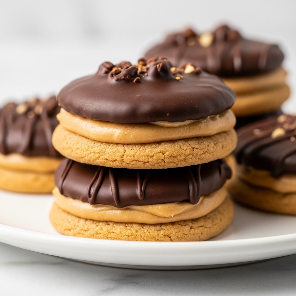 The image shows a close-up of a stack of three cookies. Each cookie has three layers: a bottom layer of light brown cookie, a middle layer of creamy peanut butter, and a top layer covered smoothly with shiny dark chocolate. The cookies are slightly stacked on a white plate with a white marbled surface background. The peanut butter layer looks thick and creamy, while the chocolate top has a glossy finish with a few bits of chopped nuts on it. The photo taken with an iphone --ar 4:5 --v 7