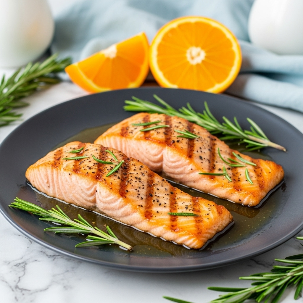 Two pieces of cooked salmon fillets with a golden salmon-pink top layer showing grill marks, sprinkled with small green rosemary leaves and black pepper, sit on a dark gray plate. The salmon rests in a shiny, amber-colored glaze or sauce that pools around the fillets. Behind the fish, two bright orange half slices of orange add a pop of color. Fresh green rosemary sprigs are placed around the fillets and on the plate's edge. The plate is set on a white marbled surface with parts of a pale blue cloth and white items slightly visible. photo taken with an iphone --ar 4:5 --v 7