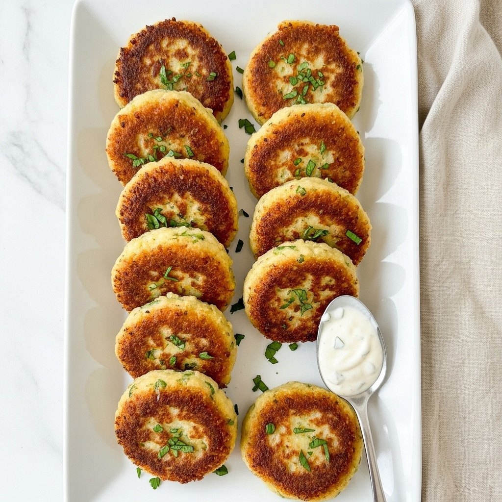 The image shows a white rectangular plate filled with eight round, golden-brown fried patties, evenly arranged in two rows. Each patty has a crispy texture with some darker, slightly browned spots, and they are sprinkled with small pieces of fresh green herbs on top. A silver spoon with a white cream sauce rests on the bottom right corner of the plate. The plate is placed on a white marbled surface with a beige cloth partially visible on the right side. Photo taken with an iphone --ar 4:5 --v 7