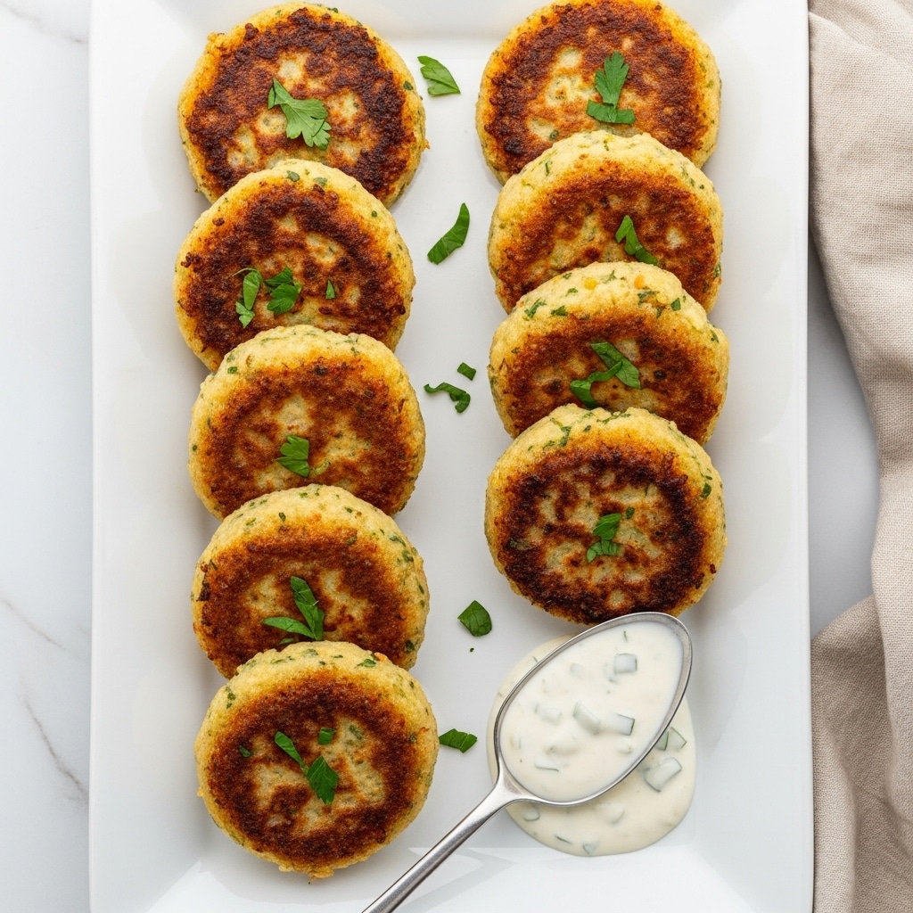 A white rectangular plate holds eight round, golden-brown fried patties arranged in two neat rows, each patty showing a crispy, slightly uneven texture with some small green herb pieces sprinkled on top. On the right side of the plate, a silver spoon rests with a small dollop of white sauce, adding contrast to the warm tones of the patties. The plate sits on a white marbled surface, with parts of a beige cloth nearby, giving a soft, natural look to the setting. Photo taken with an iphone --ar 4:5 --v 7