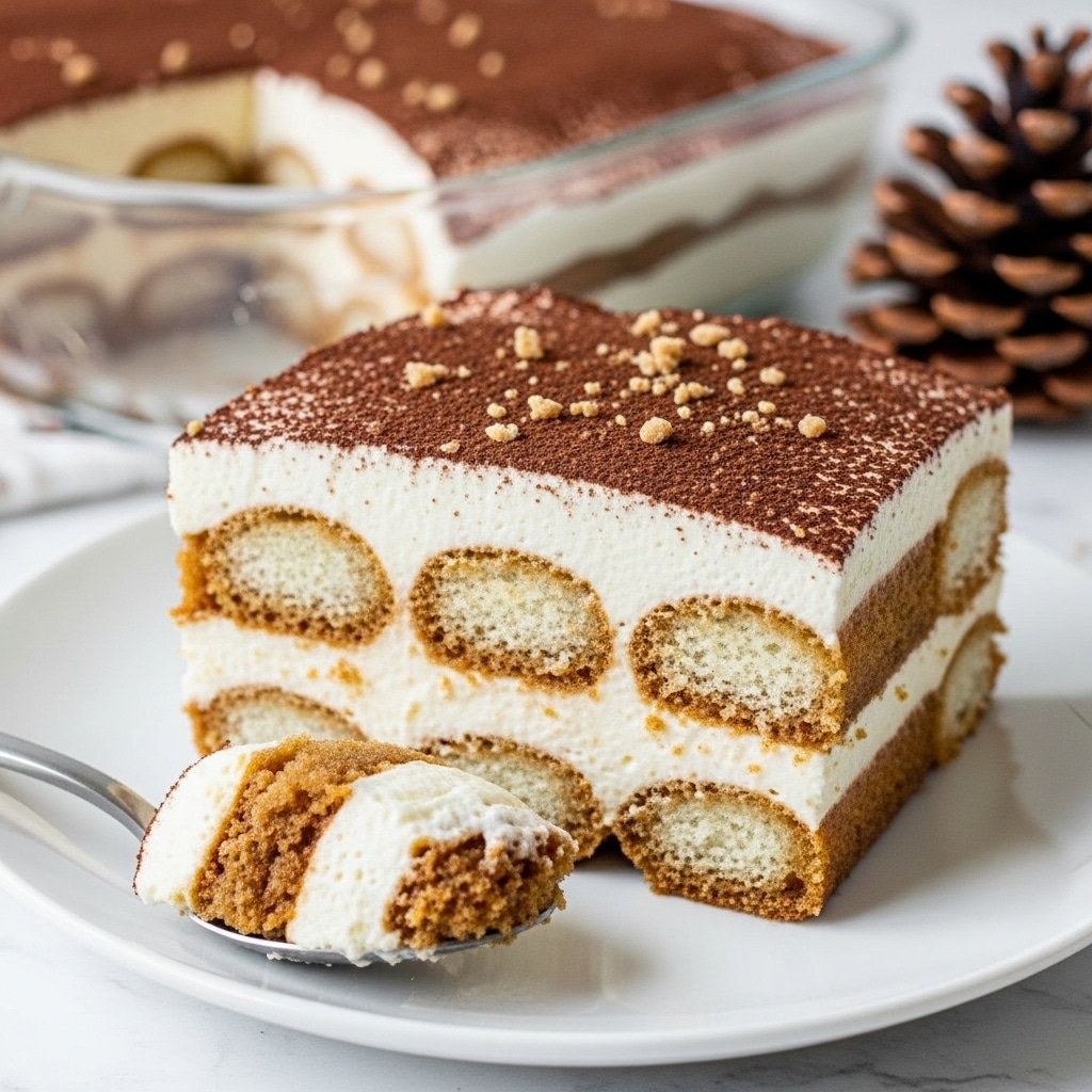 A slice of tiramisu sits on a white plate, showing four clear layers of cream and soaked ladyfinger biscuits with a light brown color. The top layer is thick with white cream covered in a dusting of dark brown cocoa powder and small crumbled bits. A spoon in the front holds a scoop of the dessert, showing soft, creamy textures mixing white cream and brown soaked cake. In the background, part of the glass baking dish and a brown pinecone are visible on a white marbled surface. Photo taken with an iphone --ar 4:5 --v 7