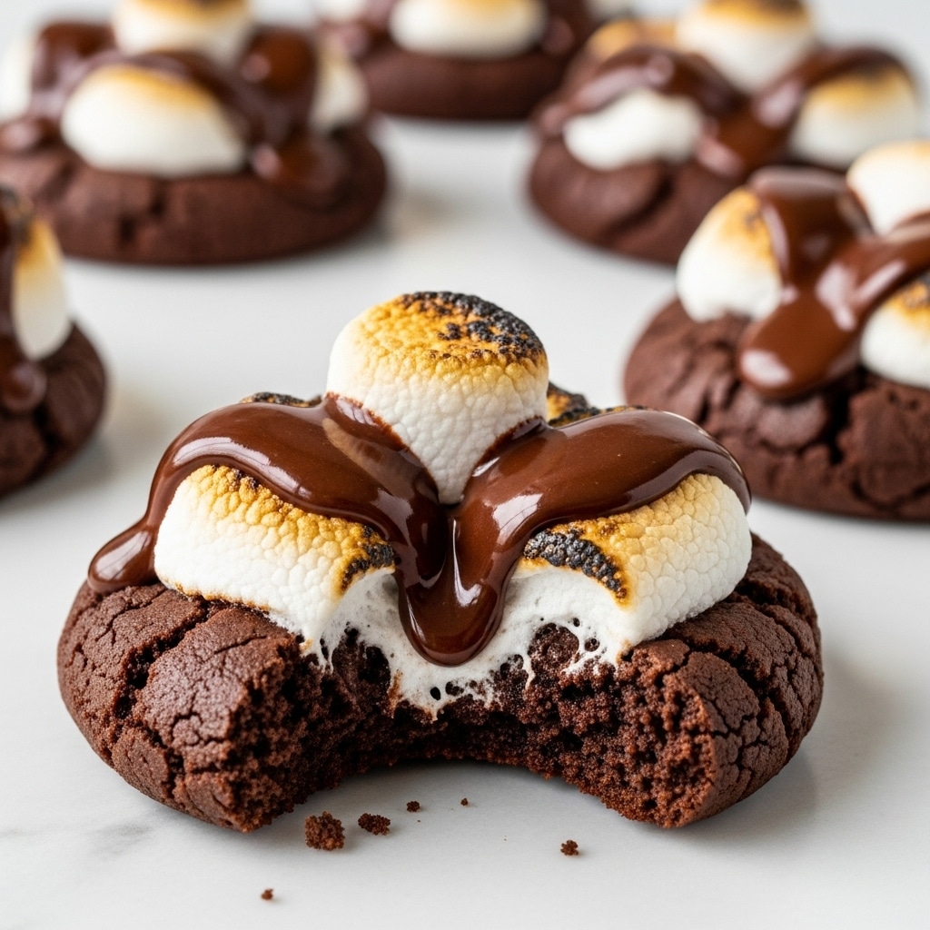 The image shows a close-up of a single chocolate cookie with a rough, cracked texture and dark brown color as the base layer. On top, there are several toasted white marshmallows that are slightly browned and melted. Melted chocolate drips over the marshmallows and cookie, creating a shiny, smooth layer from the middle to the edges. A small bite is taken out of the front cookie, revealing a soft, gooey inside. More similar cookies with marshmallows and melted chocolate are blurred in the background, all placed on a white marbled surface. photo taken with an iphone --ar 4:5 --v 7