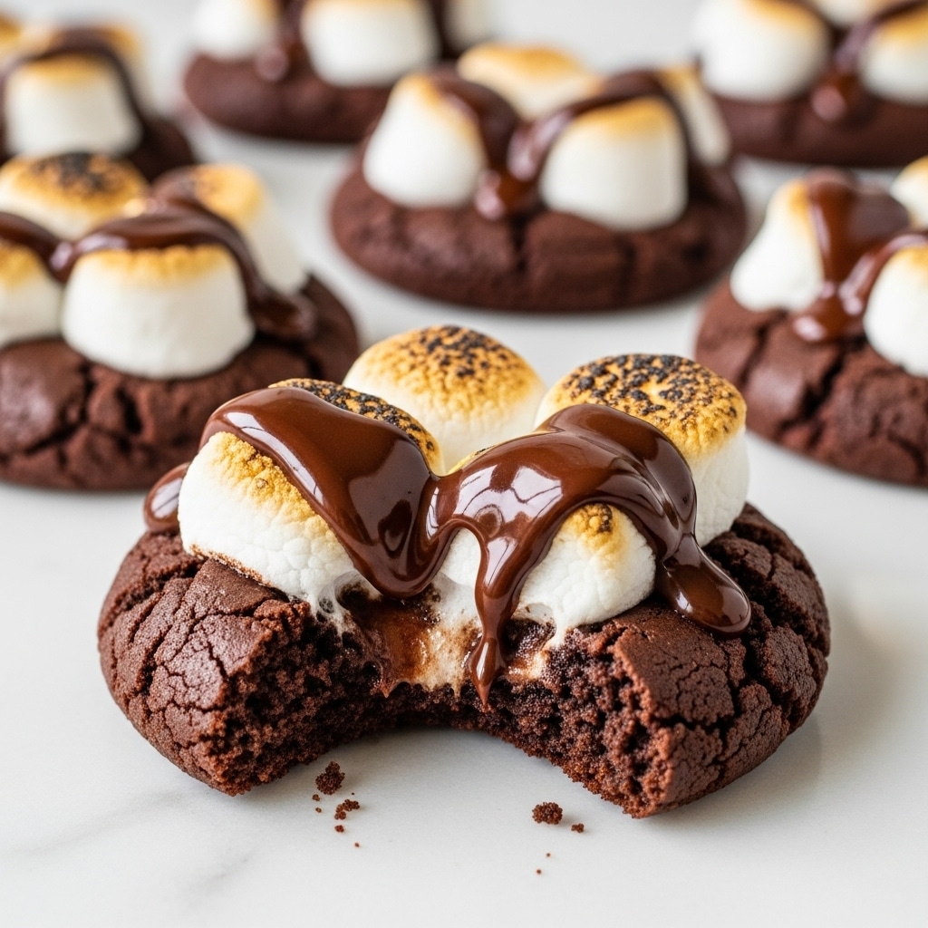 The image shows a close-up of a gooey chocolate cookie with melted chocolate and toasted marshmallows on top. The cookie is dark brown with a cracked texture, and the marshmallows are white with some golden brown toasted spots. The melted chocolate is glossy and dark, spread unevenly over the marshmallows and cookie surface. In the background, there are more similar cookies slightly out of focus. All cookies rest on a white marbled texture. photo taken with an iphone --ar 4:5 --v 7