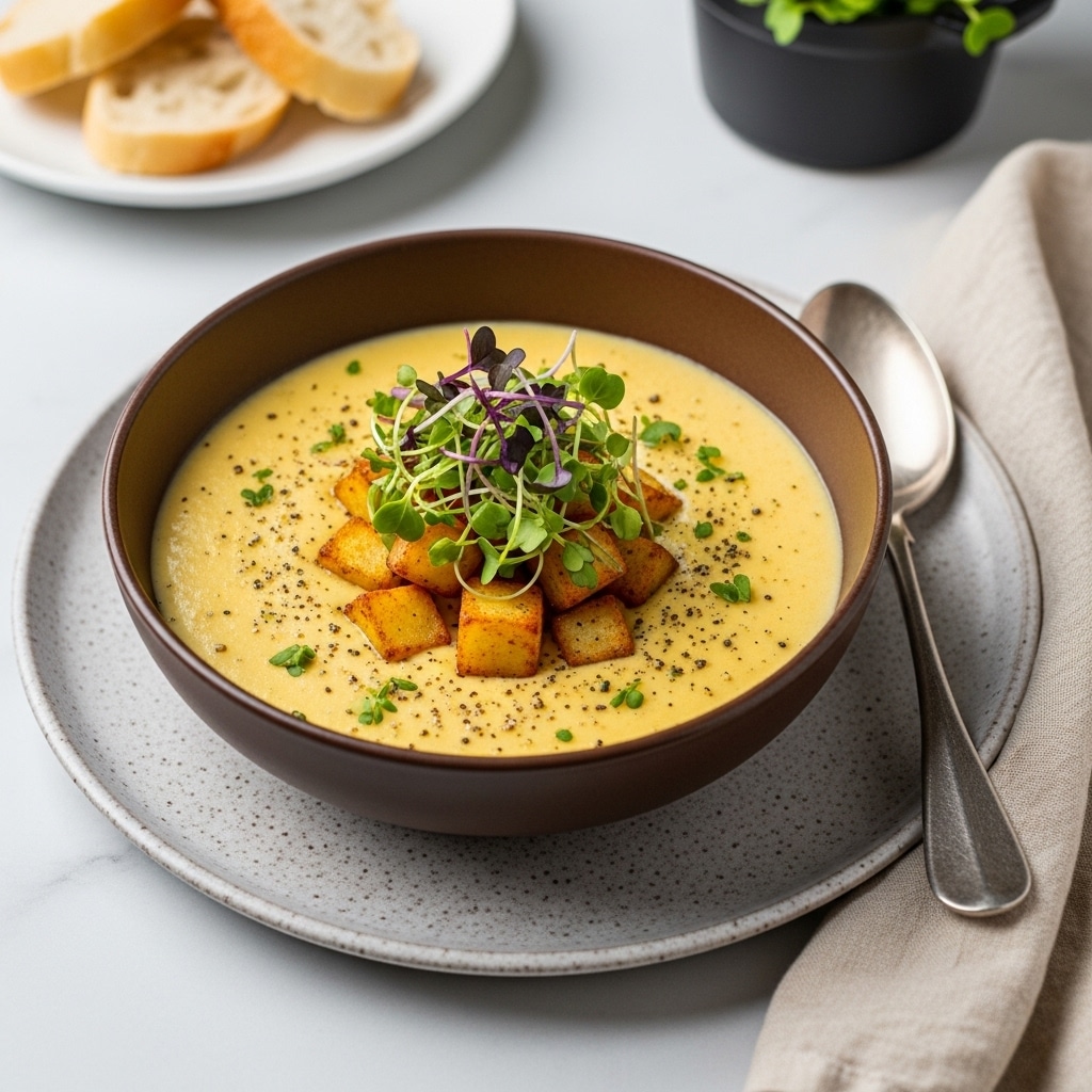 A brown bowl filled with thick yellow cheese soup, speckled with black pepper and herbs, sits on a white plate with gray and brown texture. In the middle of the soup, there are small cubes of golden roasted potatoes topped with fresh green and purple microgreens. The bowl is placed on a white marbled surface, with a silver spoon resting on a beige cloth napkin to the right. In the background, there is a white plate with some slices of bread and a small black pot with green herbs. Photo taken with an iphone --ar 4:5 --v 7