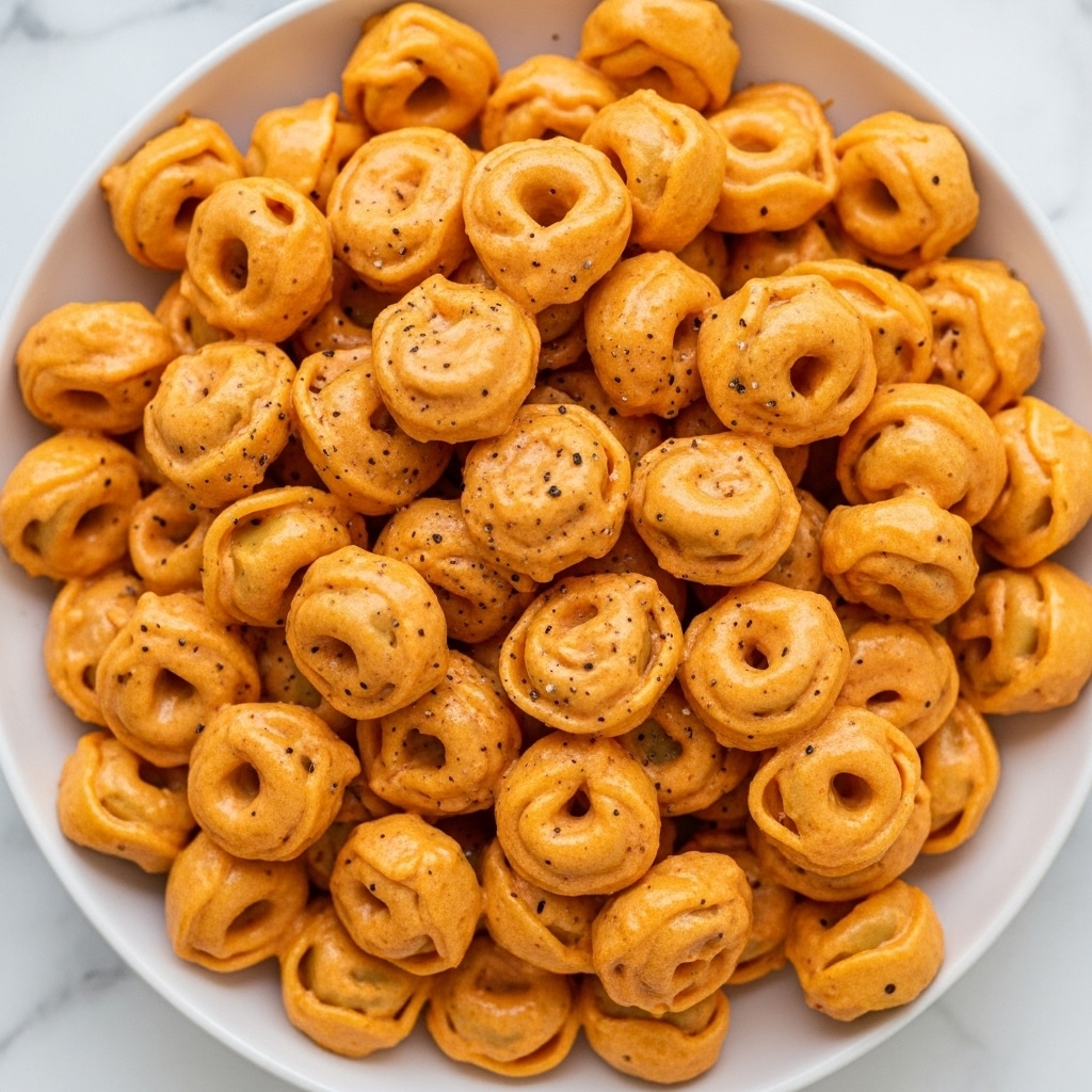 A close-up view of many small, round tortellini pasta pieces covered in a thick, creamy orange sauce, with some black pepper sprinkled on top. The tortellini are tightly packed, creating a rich, textured surface with smooth, glossy sauce filling every curve and fold. The dish is shown from above on a white plate, set on a white marbled surface. Photo taken with an iphone --ar 4:5 --v 7