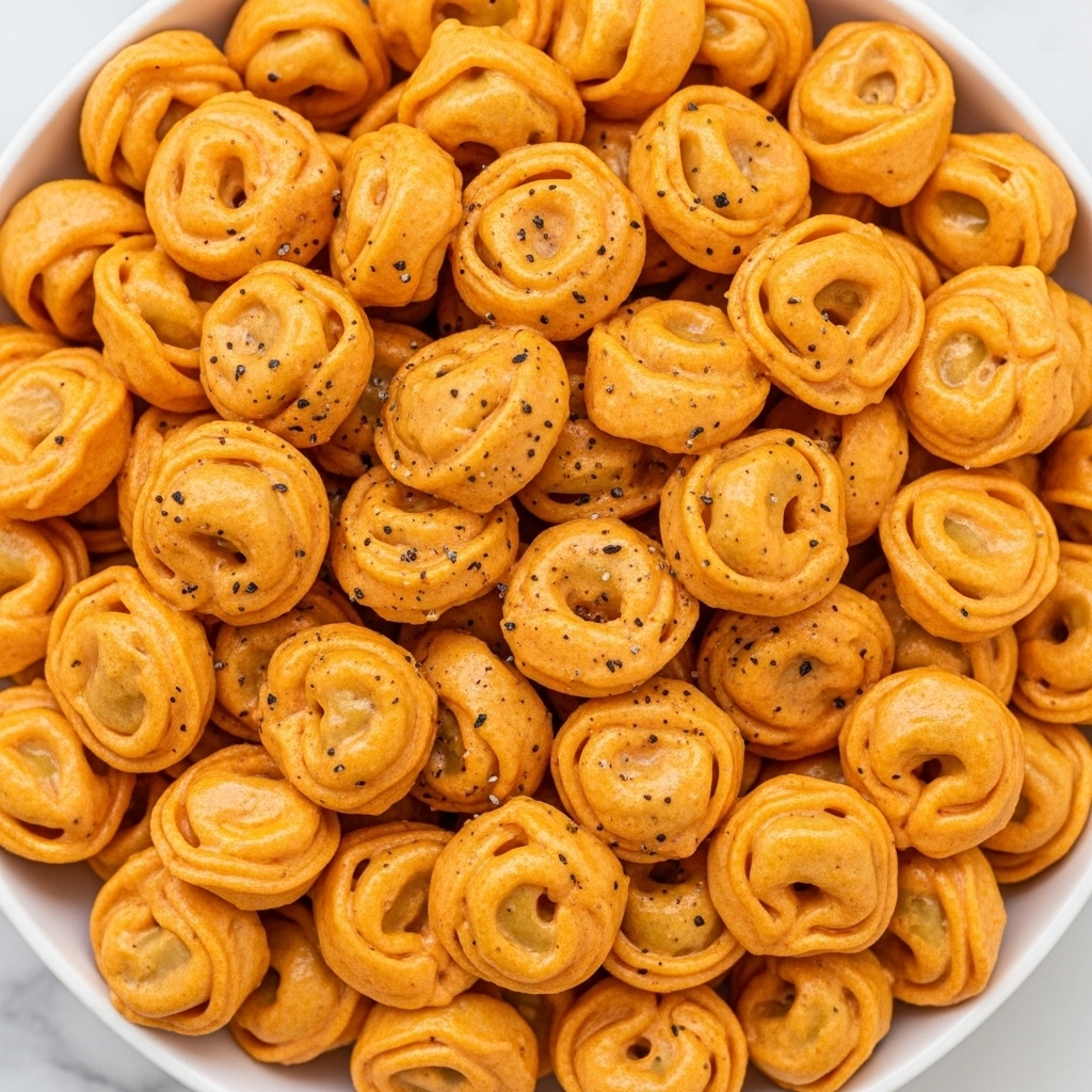 The image shows a close-up view of a rich, creamy pasta dish with multiple layers of tortellini covered in a thick orange sauce. The tortellini have a smooth, glossy texture, tightly packed and layered evenly across the frame. On top, black pepper and small green herb bits are sprinkled lightly, adding a contrast in color and texture. The entire dish is on a plain white plate, set against a white marbled texture background. photo taken with an iphone --ar 4:5 --v 7