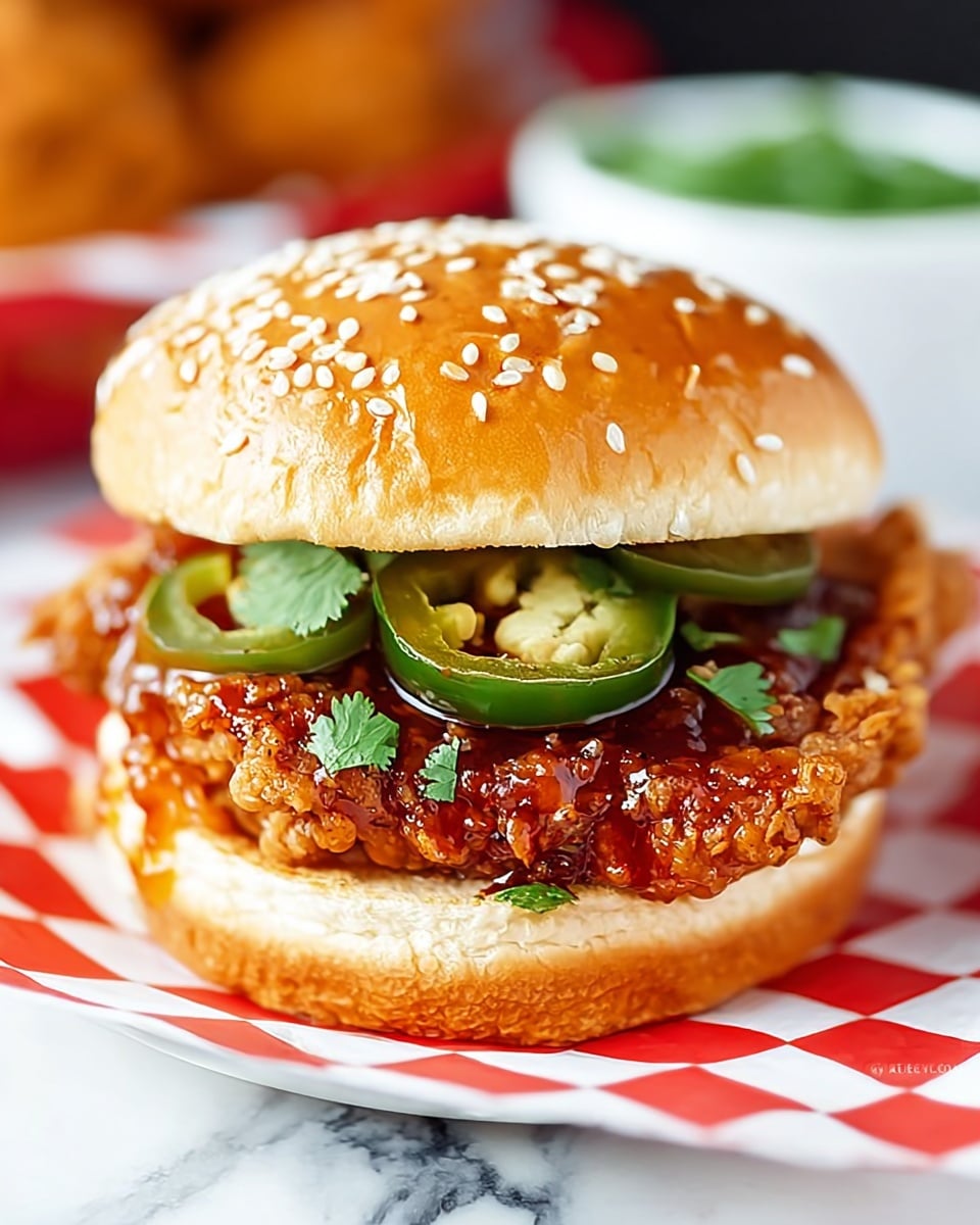 A close-up of a fried chicken sandwich shows a shiny golden brown sesame seed bun on top. Below the bun, two bright green jalapeño slices with visible seeds and texture sit on a glossy, sticky, dark reddish-brown sauce that coats a thick, crunchy fried chicken piece with a rough and crumbly texture. The chicken rests on a soft, lightly toasted bun bottom with a warm golden color. The sandwich is placed on paper with red and white checkered pattern over a white marbled surface. Photo taken with an iphone --ar 4:5 --v 7