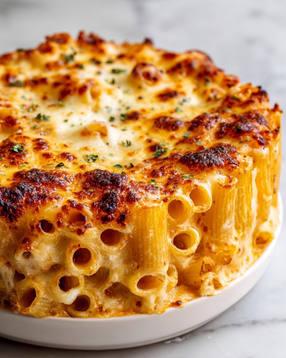 A close-up view of a white bowl filled with creamy macaroni and cheese. The dish has two main layers: the bottom layer is soft macaroni pasta coated in a rich, smooth orange cheese sauce, while the top layer shows melted cheese slightly browned with small green herb pieces scattered over it. The cheese sauce looks thick and creamy, covering all pasta pieces evenly. The white bowl sits on a white marbled surface, and some green herbs add a fresh touch to the warm, cheesy mac and cheese dish. Photo taken with an iphone --ar 4:5 --v 7