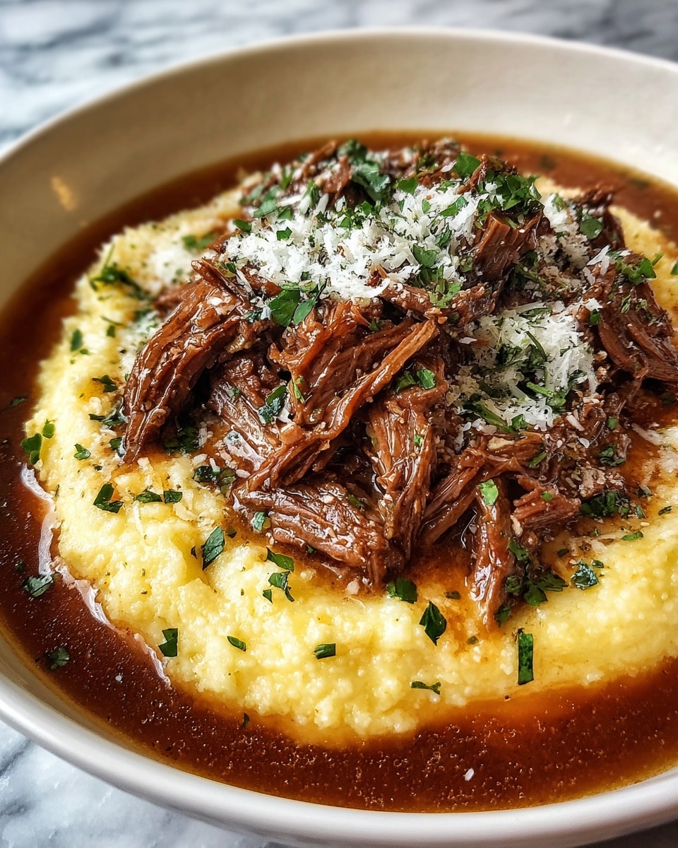 A white bowl holds a dish with three visible layers: at the bottom, a smooth, creamy mashed potato layer in pale yellow; in the middle, a rich brown gravy surrounds the mashed potato, pooling around the edges; on top, a mound of shredded dark brown beef is piled high, garnished with finely chopped green herbs and a light dusting of white grated cheese. The white marbled texture surface beneath adds a clean look. photo taken with an iphone --ar 4:5 --v 7