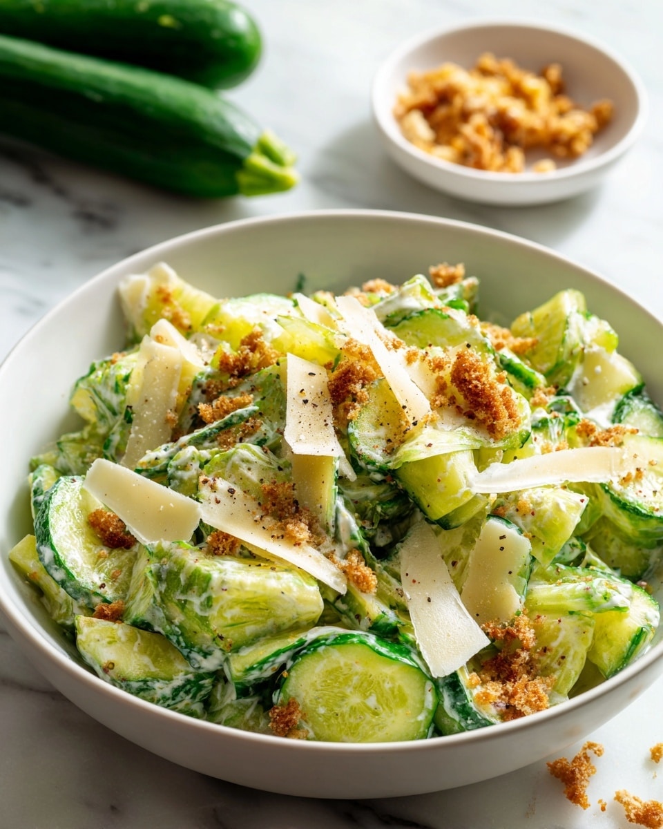 A white bowl filled with a fresh cucumber Caesar salad sits on a white marbled surface. The salad has three main layers: thick, bright green cucumber slices coated with creamy white dressing form the base, thin light yellow slices of Parmesan cheese are spread on top, and a generous sprinkle of brown crispy breadcrumbs with specks of black pepper and red chili flakes adds texture and color on the top. In the background, a white bowl with extra breadcrumbs is slightly blurred, and a whole cucumber is visible. The setting is simple and bright, emphasizing the fresh and crunchy salad. photo taken with an iphone --ar 4:5 --v 7