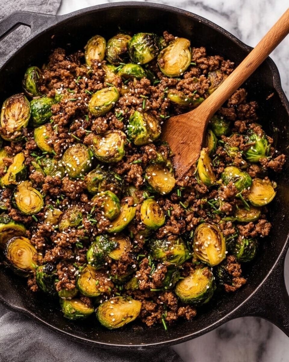 A black cast iron skillet filled with cooked ground meat and halved Brussels sprouts. The Brussels sprouts are browned and soft, showing a mix of golden yellow and green colors, while the ground meat is dark brown and crumbly. Bits of green herbs are scattered on top, and some sesame seeds lightly garnish the dish. A wooden spoon rests inside the skillet, stirring the mixture. The scene is set on a white marbled texture with a gray cloth partially visible to the side. Photo taken with an iphone --ar 4:5 --v 7