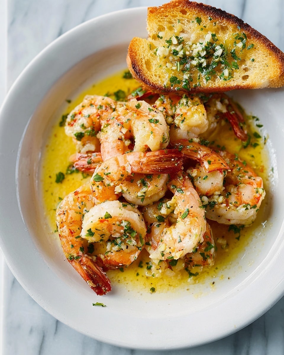 A white plate holds a serving of cooked shrimp coated in a light yellow garlic butter sauce mixed with green herbs. There are about ten shrimp arranged in a loose pile, each showing a mix of pink and creamy white colors with visible pieces of chopped green parsley and garlic on them. To the side of the shrimp, a piece of toasted bread is placed, topped with minced garlic and parsley, showing a golden-brown crust and a soft, airy interior. The dish sits on a white marbled surface. Photo taken with an iphone --ar 4:5 --v 7